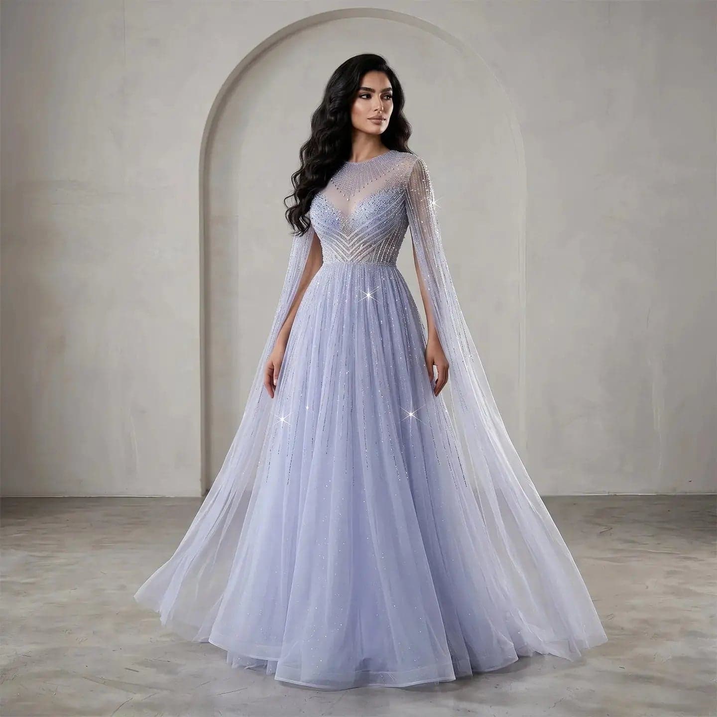 فستان سهرة شيفون مزين بالخرز والكريستال بأكمام كاب SS054