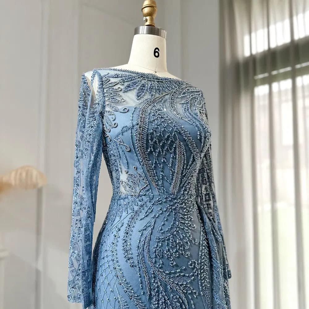 فستان سهرة أزرق بقصة حورية البحر وأكمام طويلة وتنورة إضافية SS141