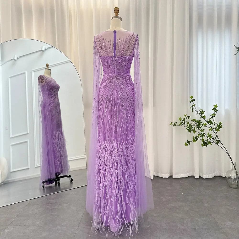 فستان سهرة ليلكي مزين بالريش وأكمام كاب SS196