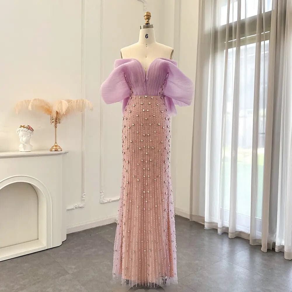 فستان سهرة ليلكي بكتف مكشوف SS327