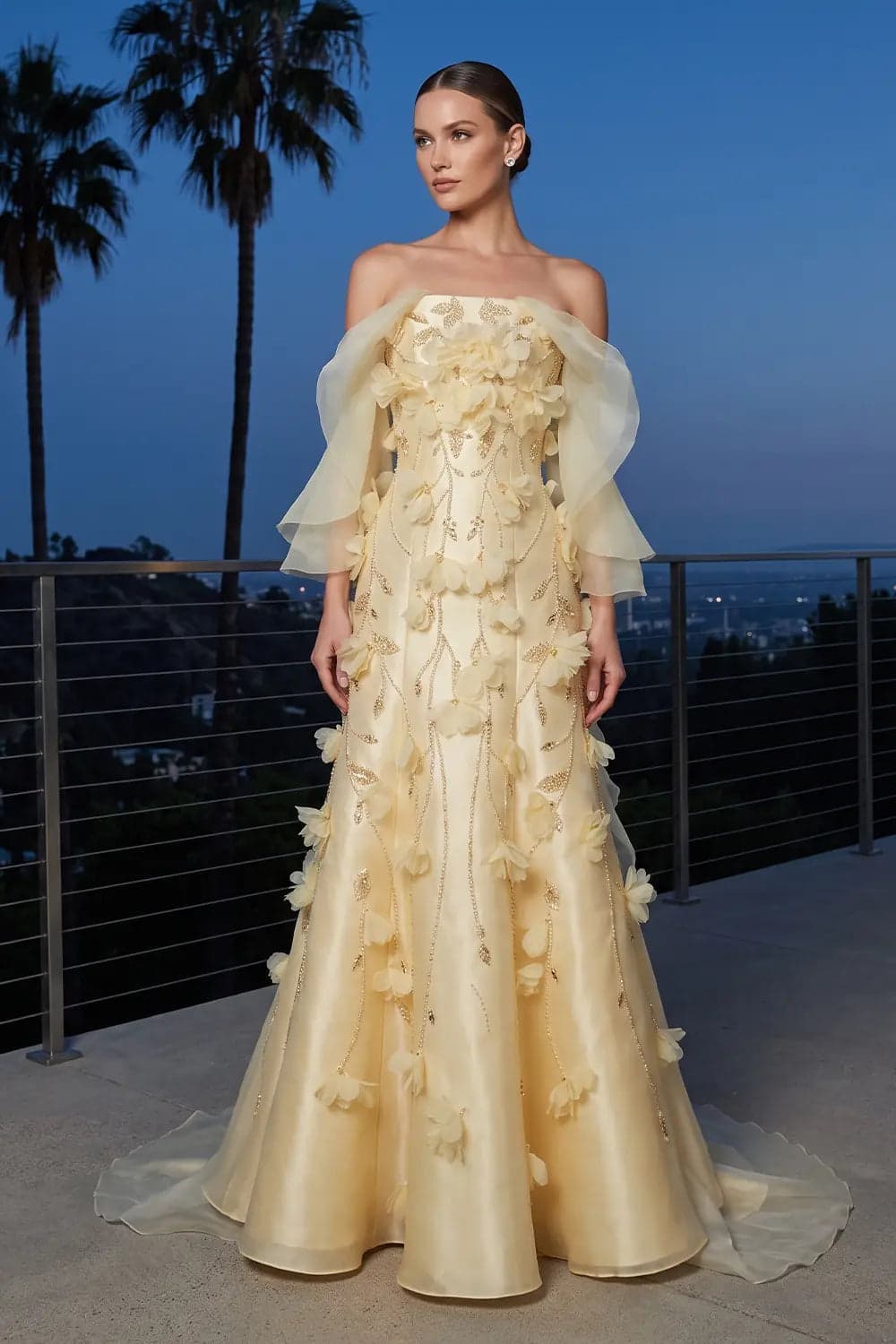 فستان سهرة أصفر بأكتاف مكشوفة وزخارف زهور ثلاثية الأبعاد SS505