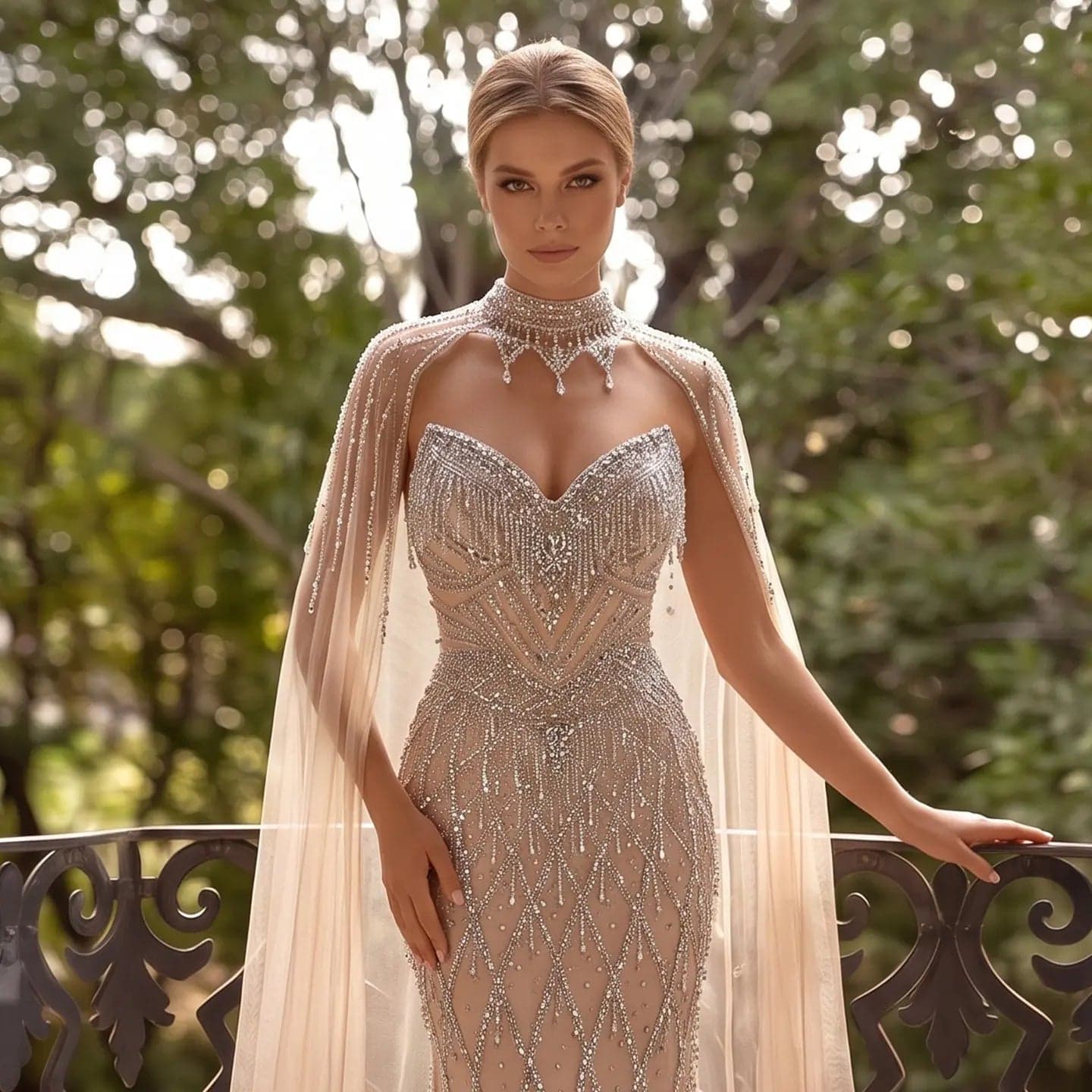 فستان سهرة من التول مزين بالخرز مع كاب شفاف بقصة حورية البحر SS138