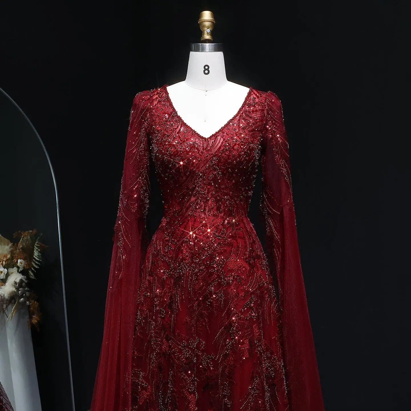 فستان سهرة عنابي مزين بالكريستال بأكمام كاب SS093
