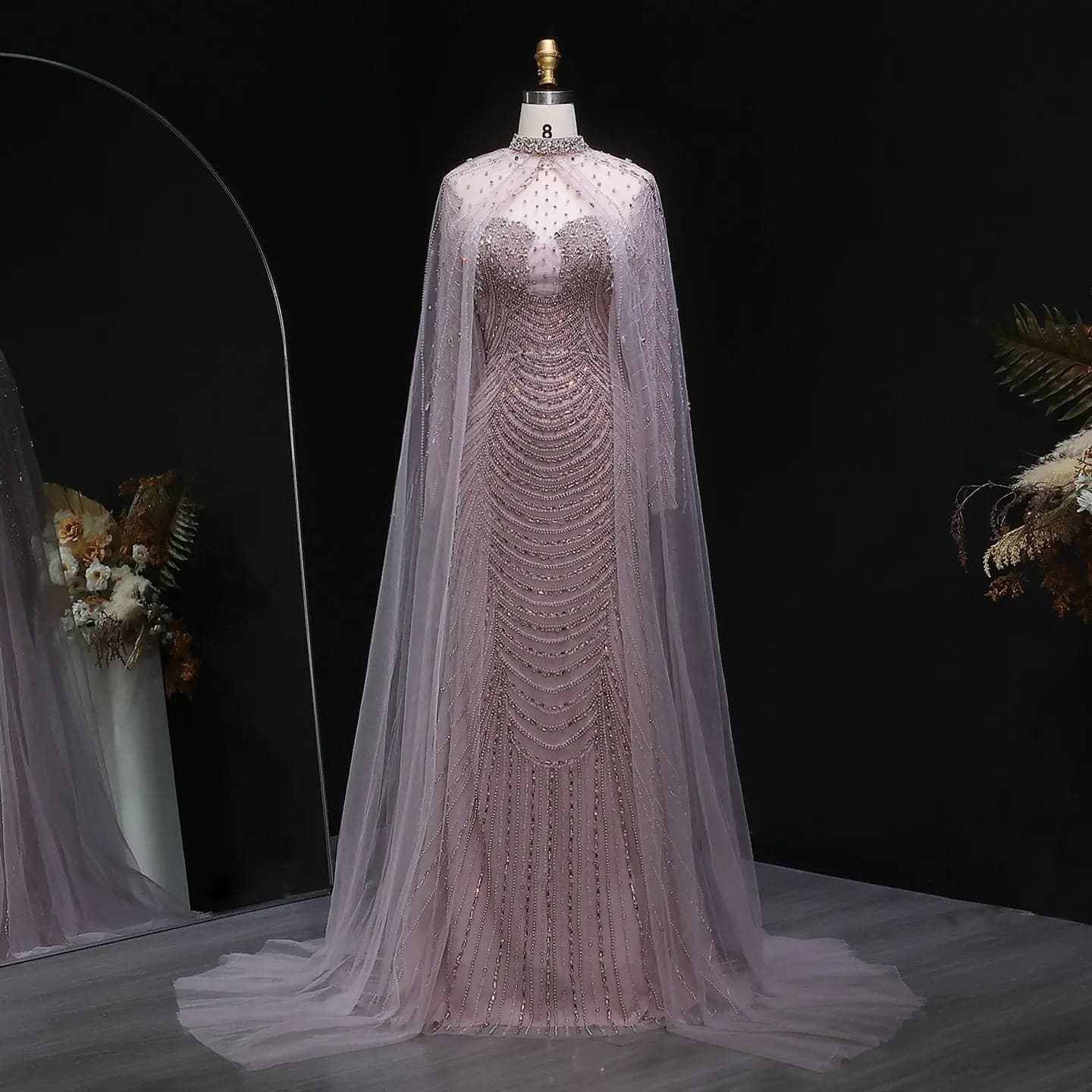 فستان سهرة بقصة حورية البحر مع كاب شفاف مزين بالخرز SS165