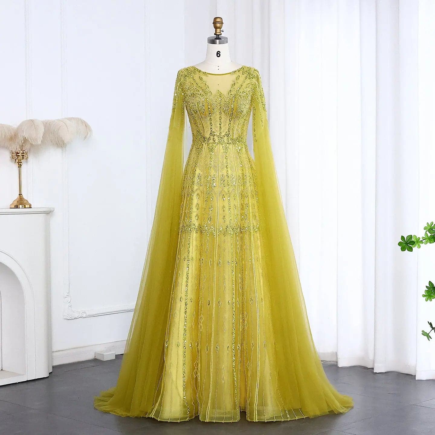 فستان سهرة أزرق بقصة A-line وأكمام كاب مع ترتر وتطريز SS001