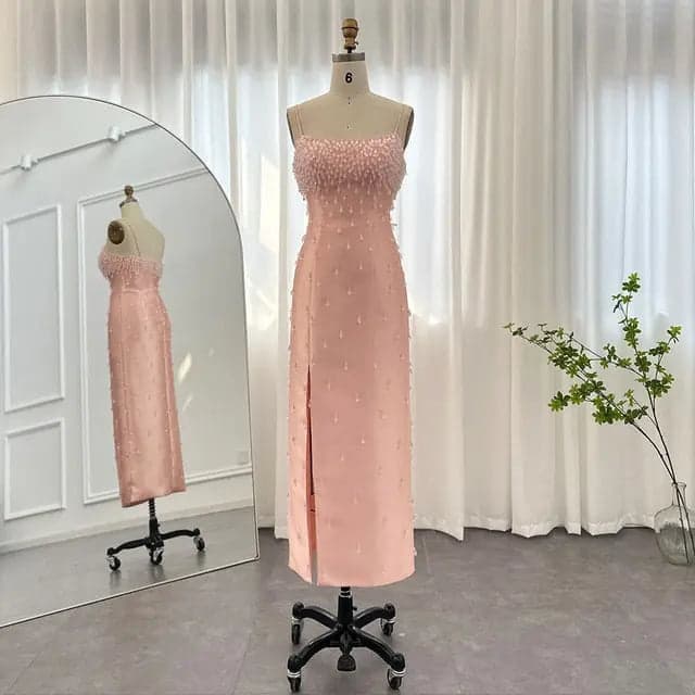 فستان سهرة ميدي بحمالات رفيعة SS315