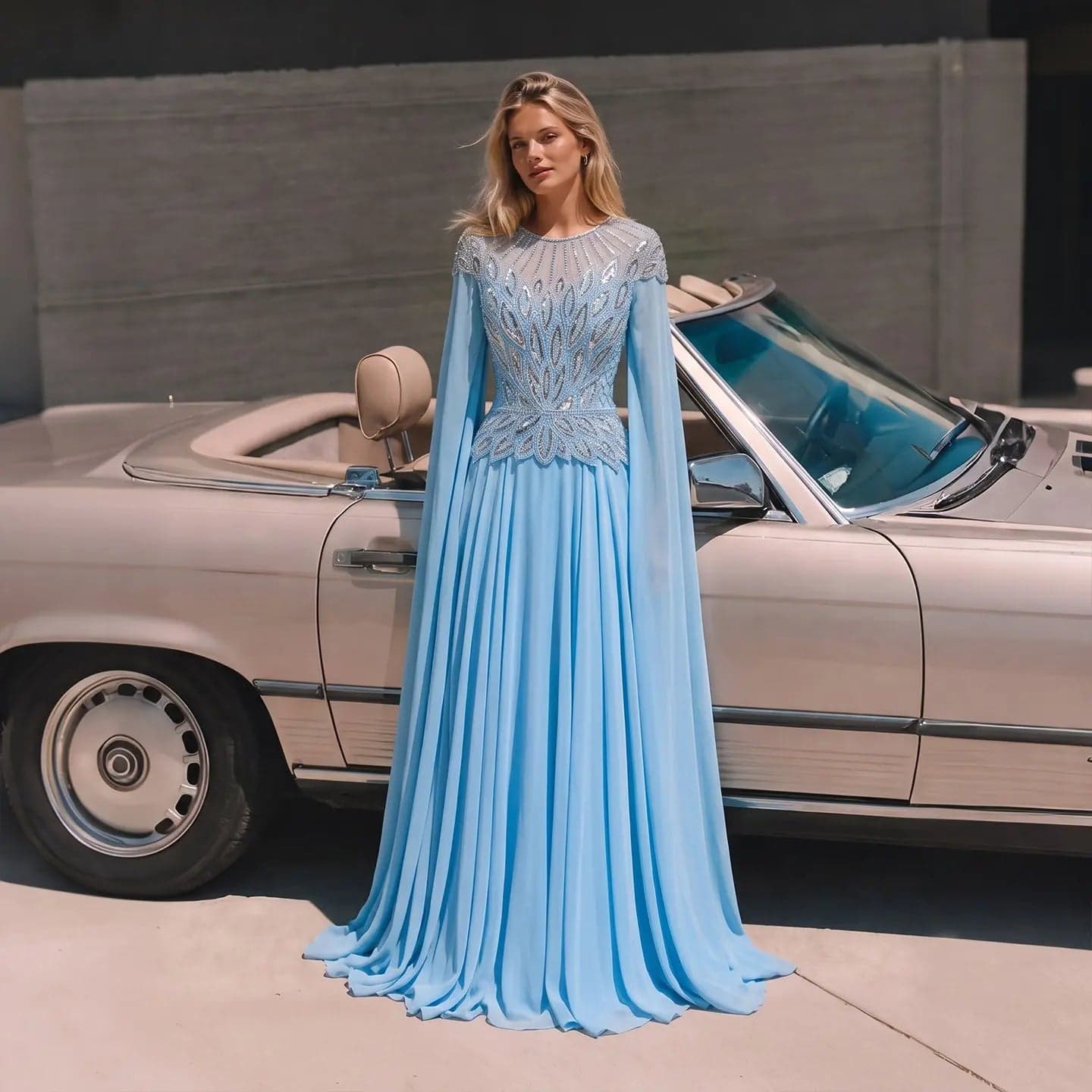 فستان سهرة بثنيات مزين بالترتر بأكمام كاب SS104