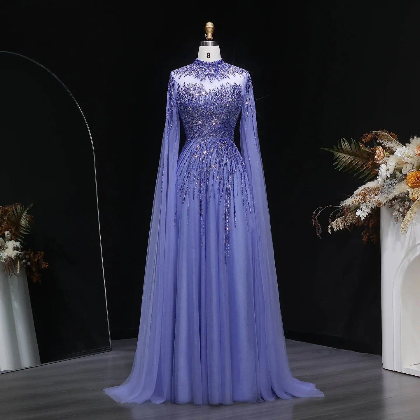 فستان سهرة بقصة حورية البحر وياقة عالية مزين بالخرز مع أكمام كاب SS134