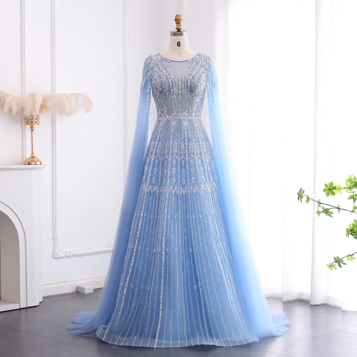 فستان سهرة أزرق بقصة A-line وأكمام كاب مع ترتر وتطريز SS001