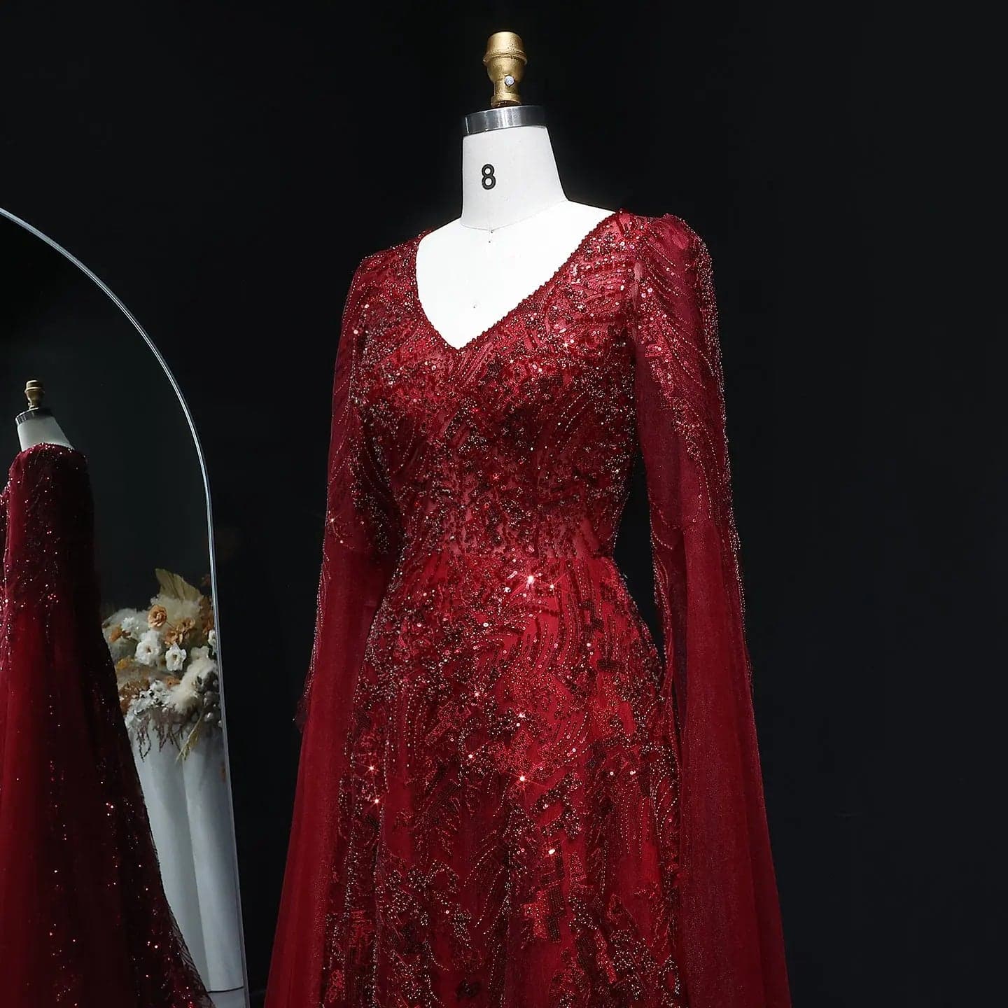 فستان سهرة عنابي مزين بالكريستال بأكمام كاب SS093