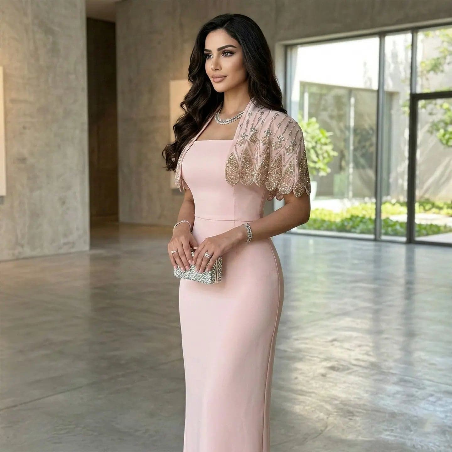 فستان سهرة وردي من الساتان مع كاب قصير مزين بالخرز SS302