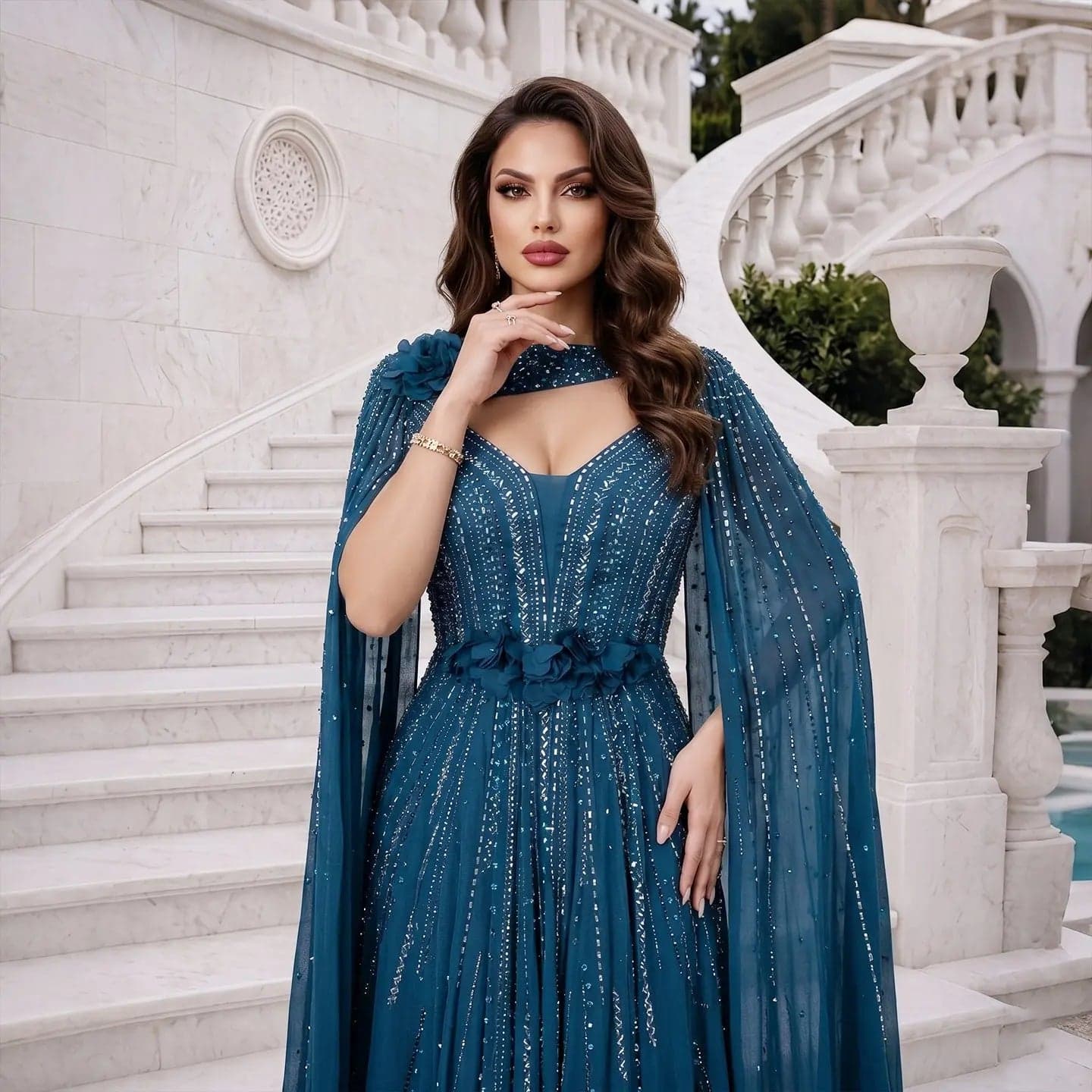 فستان سهرة شيفون بأكتاف مكشوفة مزين بالزهور والخرز SS052