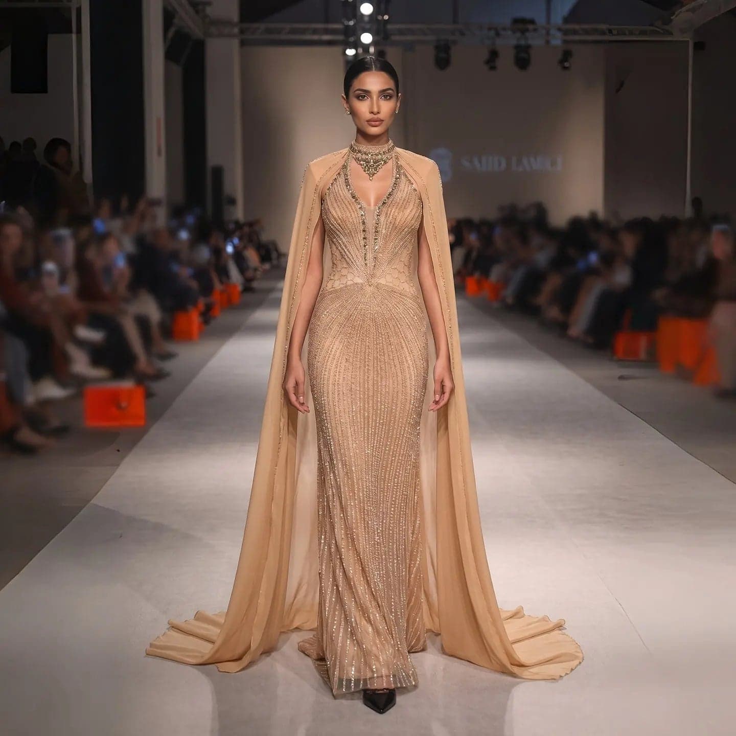 فستان سهرة مزين بالخرز مع كاب وياقة كريستال SS049