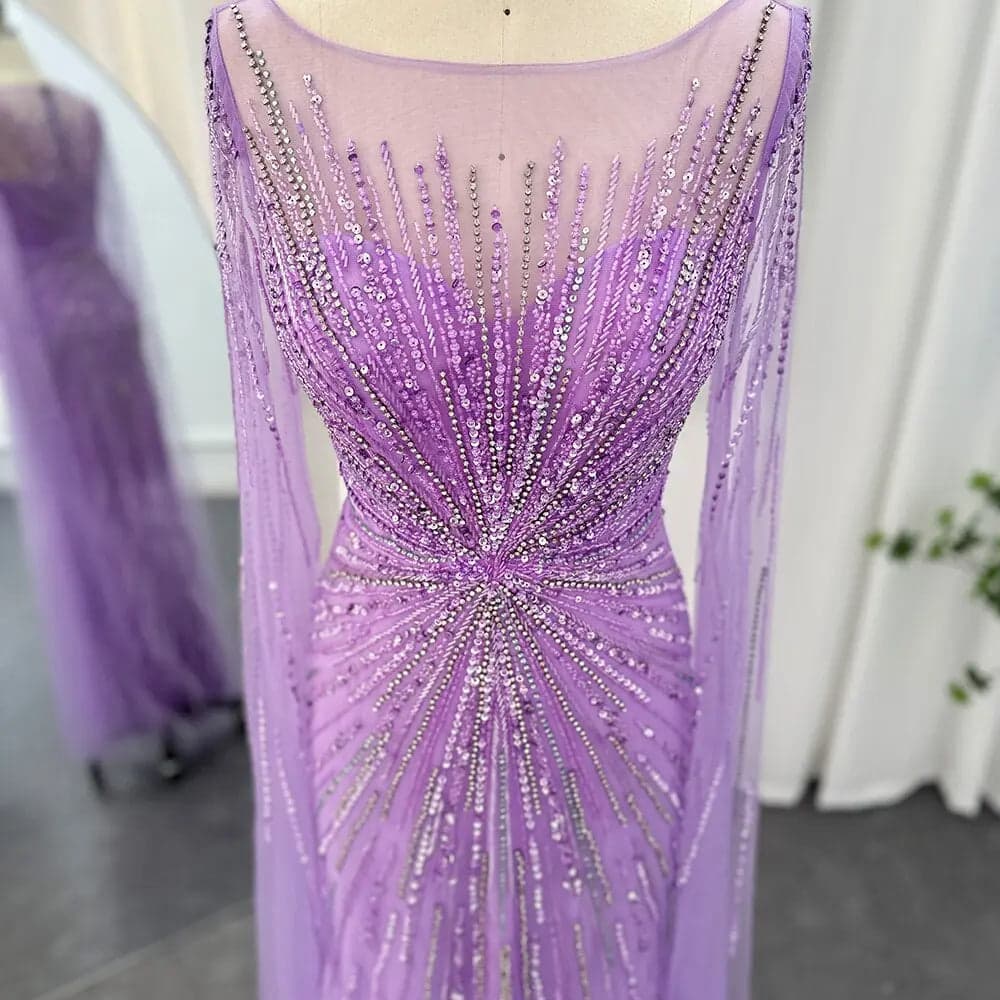فستان سهرة ليلكي مزين بالريش وأكمام كاب SS196