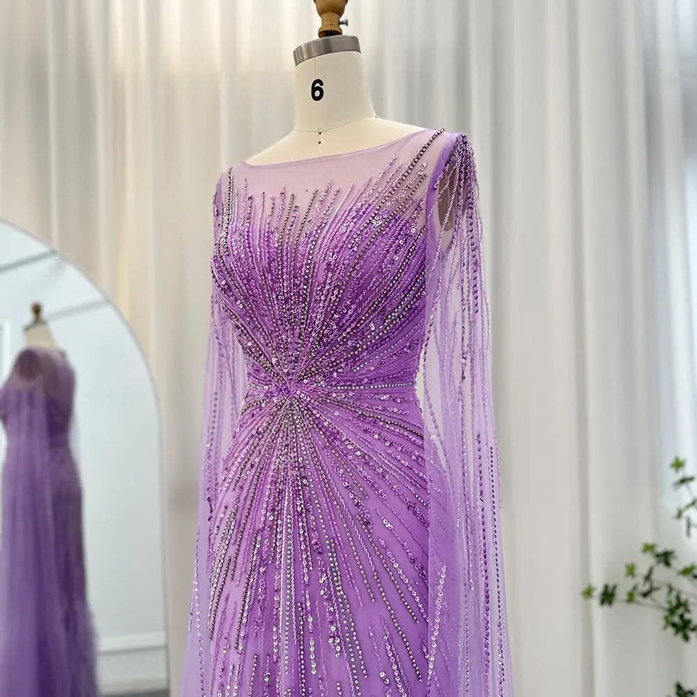 فستان سهرة ليلكي مزين بالريش وأكمام كاب SS196