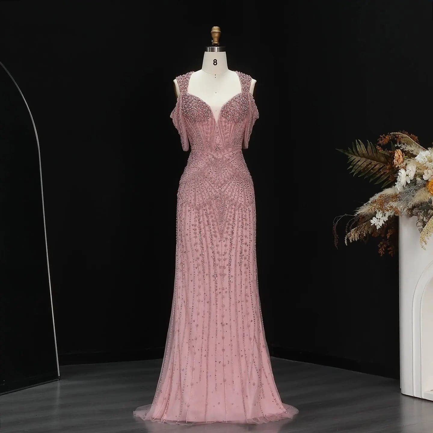 فستان سهرة بقصة حورية البحر مزين بالخرز وحمالات SS193