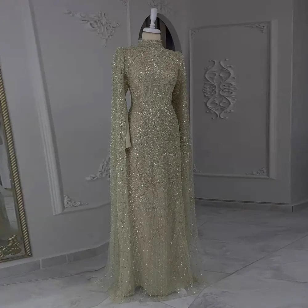 فستان سهرة مزين بالخرز بأكمام كاب SS630