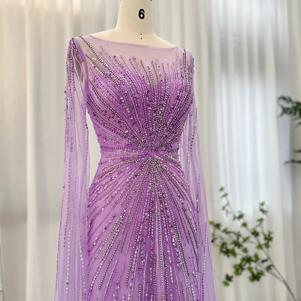 فستان سهرة ليلكي مزين بالريش وأكمام كاب SS196