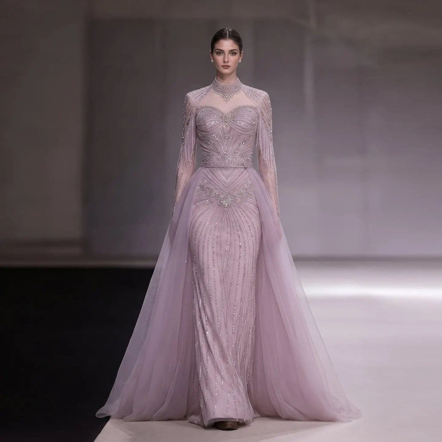 فستان سهرة بقصة مستقيمة وأكمام طويلة وتنورة إضافية مزين بالخرز SS171
