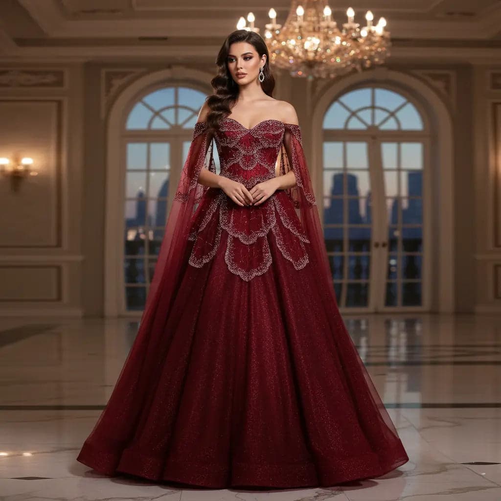 فستان سهرة بقصة أميرة وأكمام كاب SS215