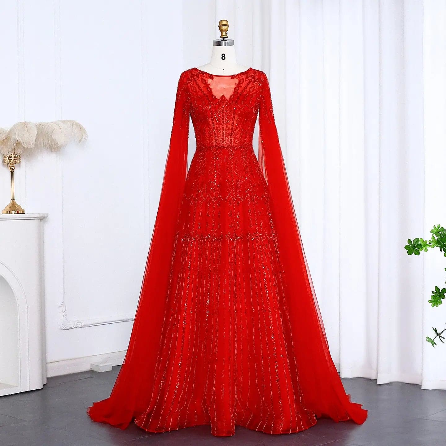 فستان سهرة أزرق بقصة A-line وأكمام كاب مع ترتر وتطريز SS001