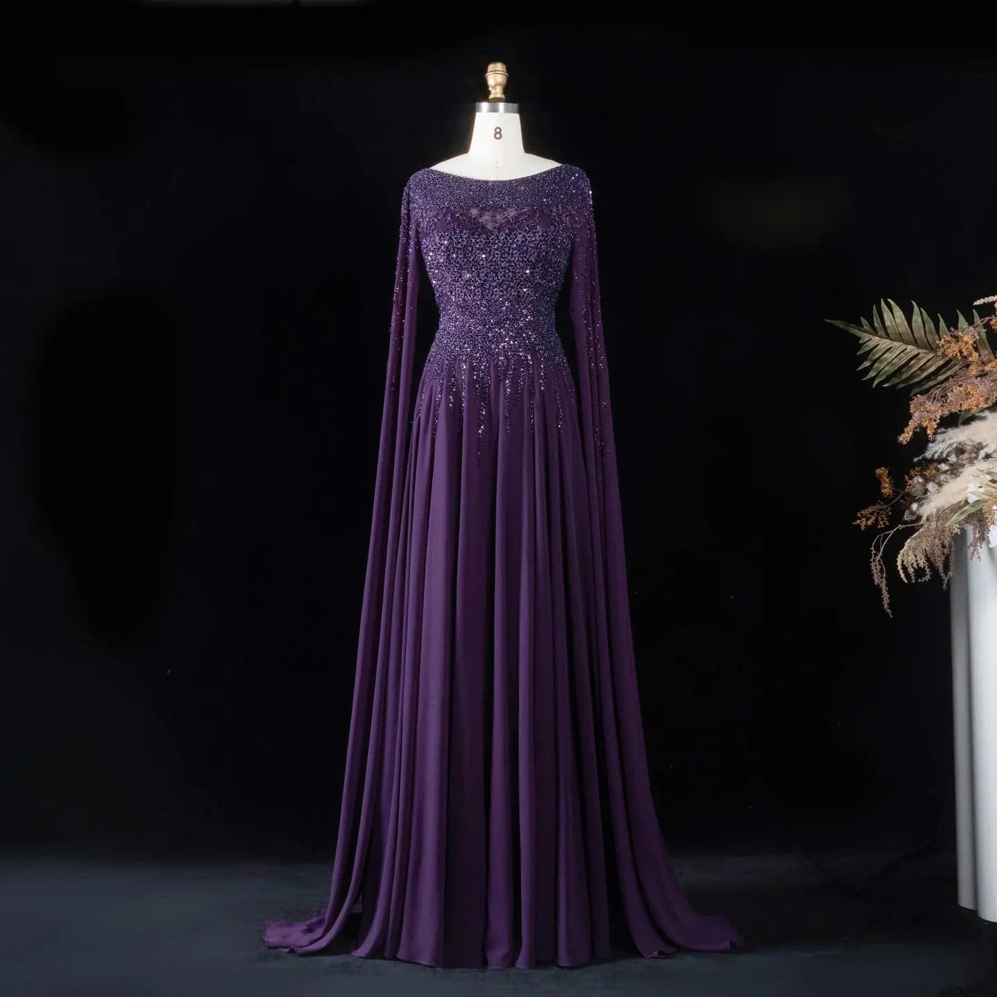 فستان سهرة مزين بالترتر والخرز بأكمام كاب SS105
