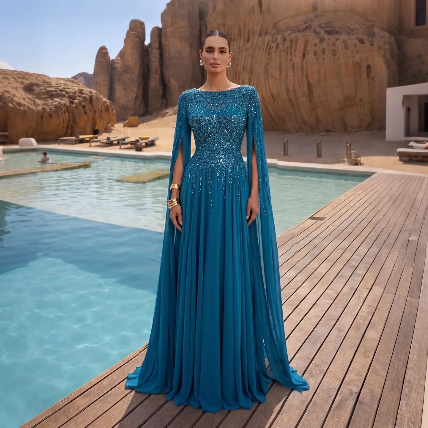 فستان سهرة مزين بالترتر والخرز بأكمام كاب SS105