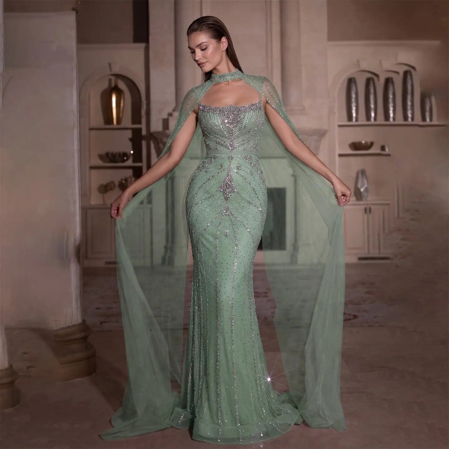 فستان سهرة بقصة حورية البحر مزين بالخرز بياقة هالتر وأكمام كاب SS131