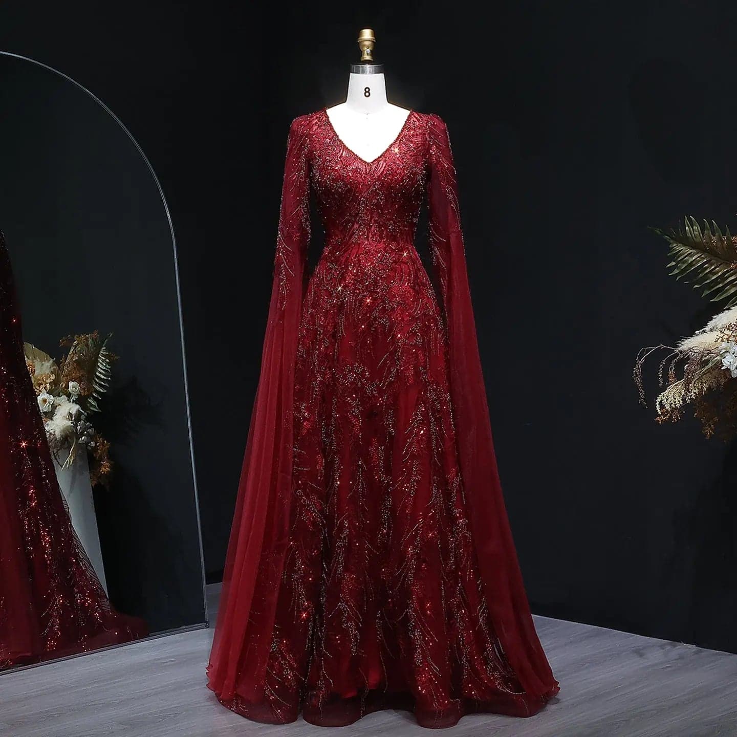 فستان سهرة عنابي مزين بالكريستال بأكمام كاب SS093