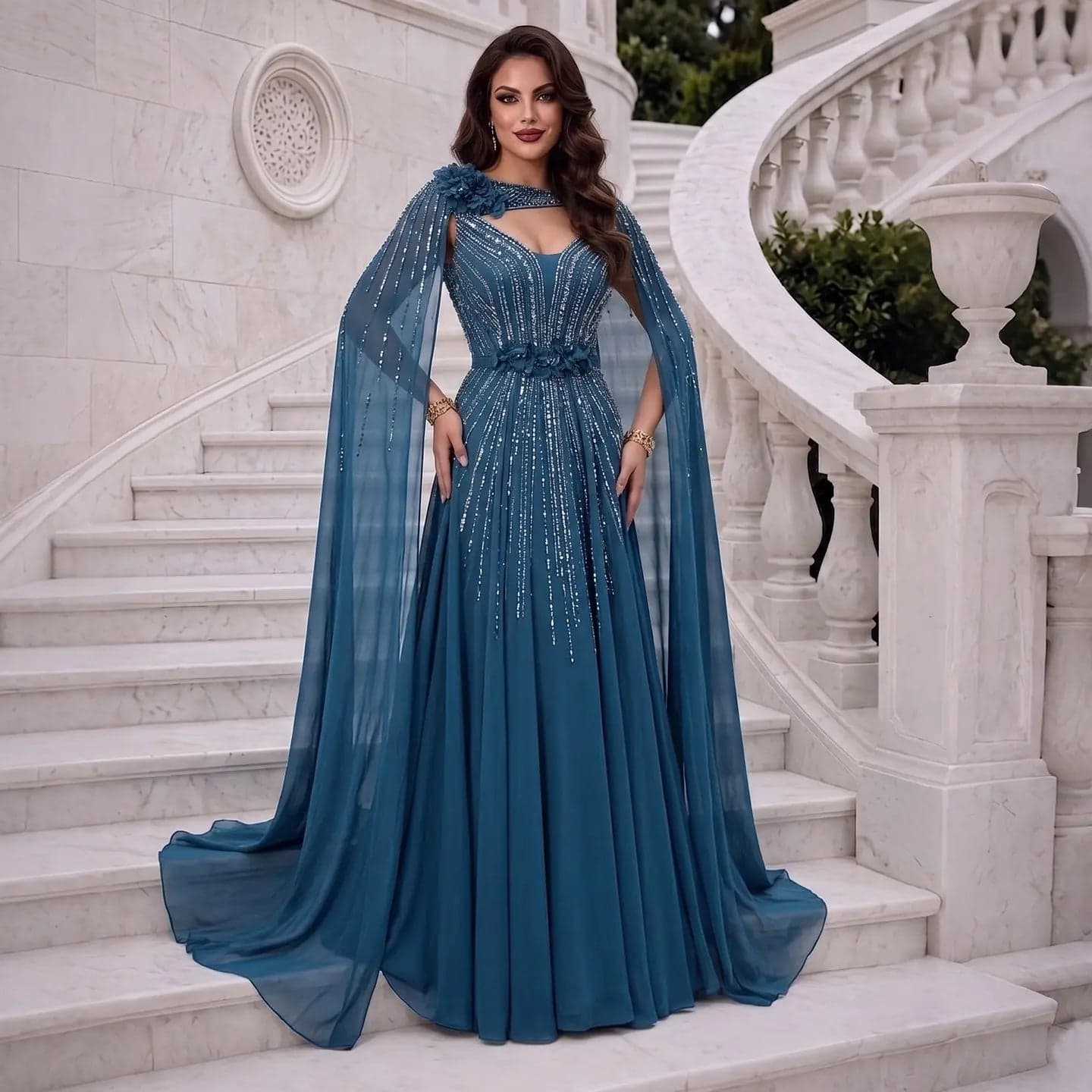 فستان سهرة شيفون بأكتاف مكشوفة مزين بالزهور والخرز SS052