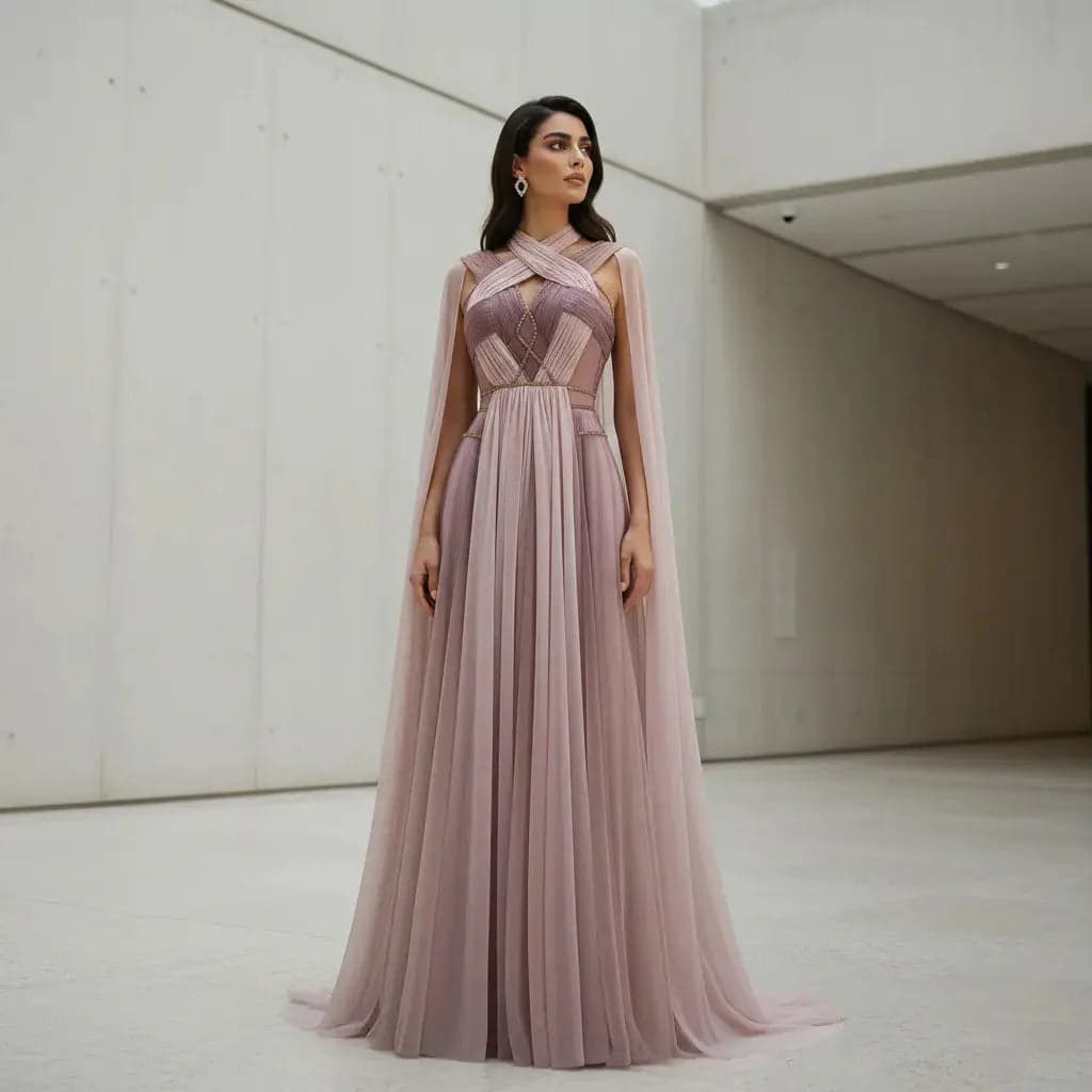 فستان سهرة وردي متدرج مع كاب SS309