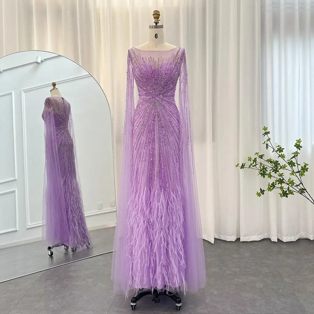 فستان سهرة ليلكي مزين بالريش وأكمام كاب SS196
