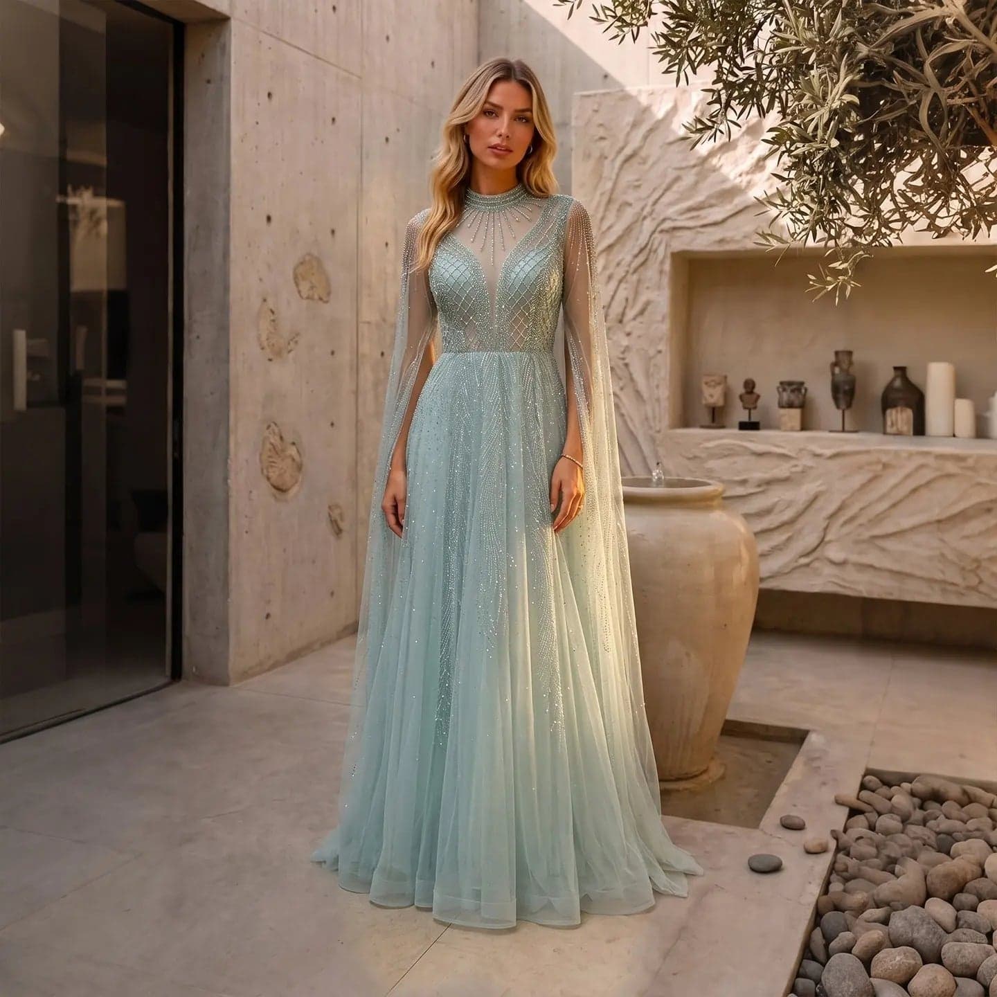 فستان سهرة مزين بالخرز والكريستال بياقة عالية وأكمام كاب SS060